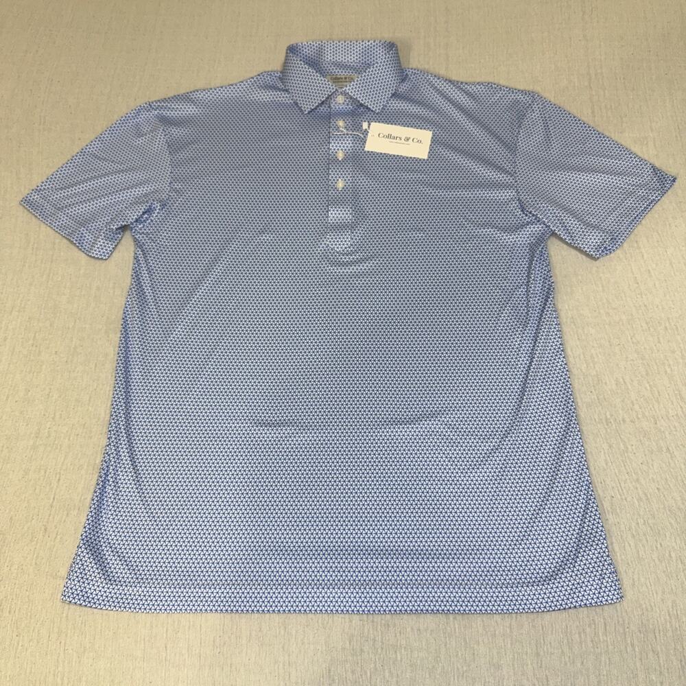 Collars & Co Golf Semi Spread Collar Polo White Blue Geometric Large NWT